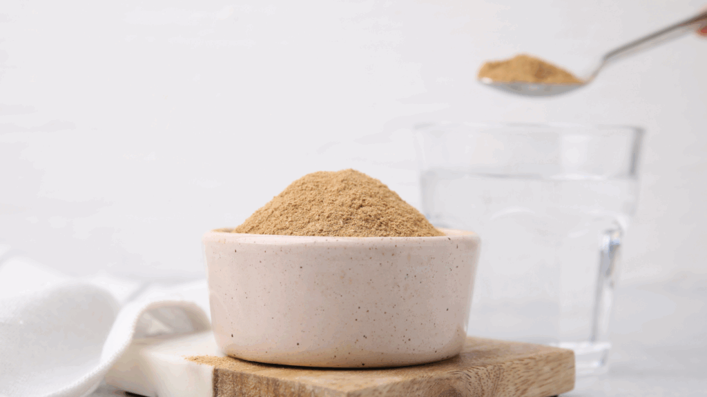 A picture of a bowl of psyllium husk, a type of fibre supplement.