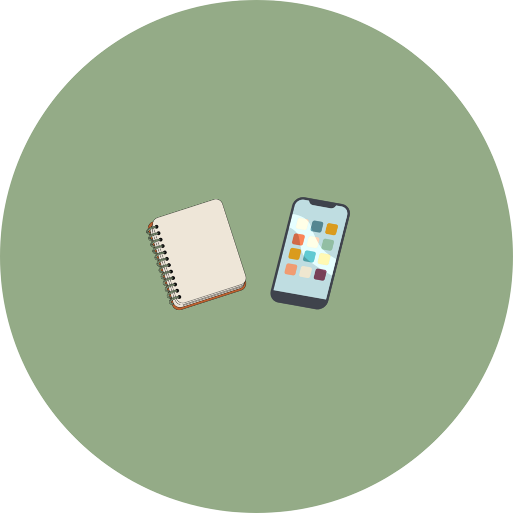 Cartoon sketch of a notebook and a phone with apps