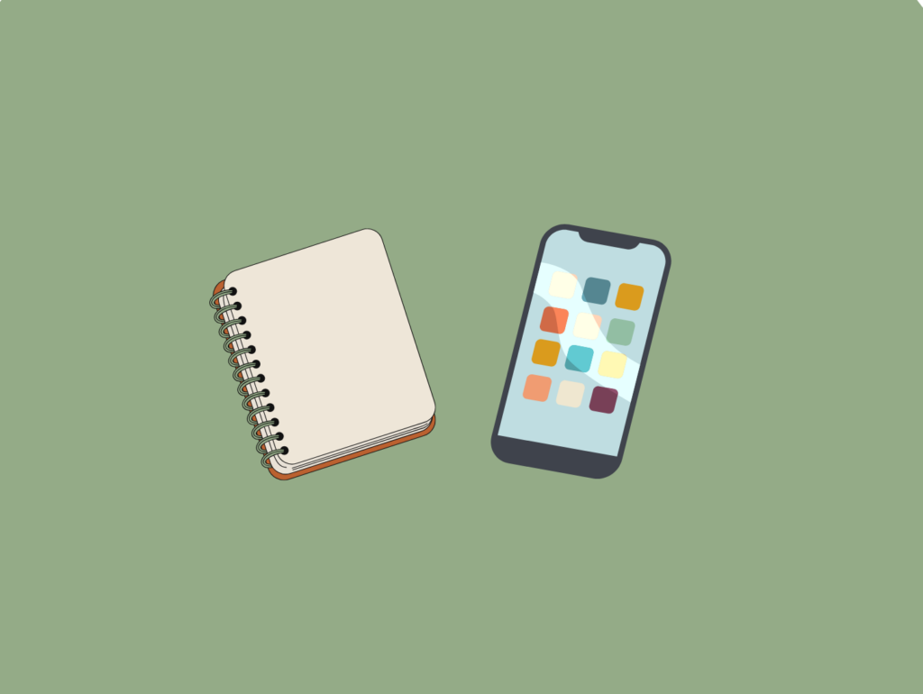 Cartoon sketch of a notebook and a phone with apps