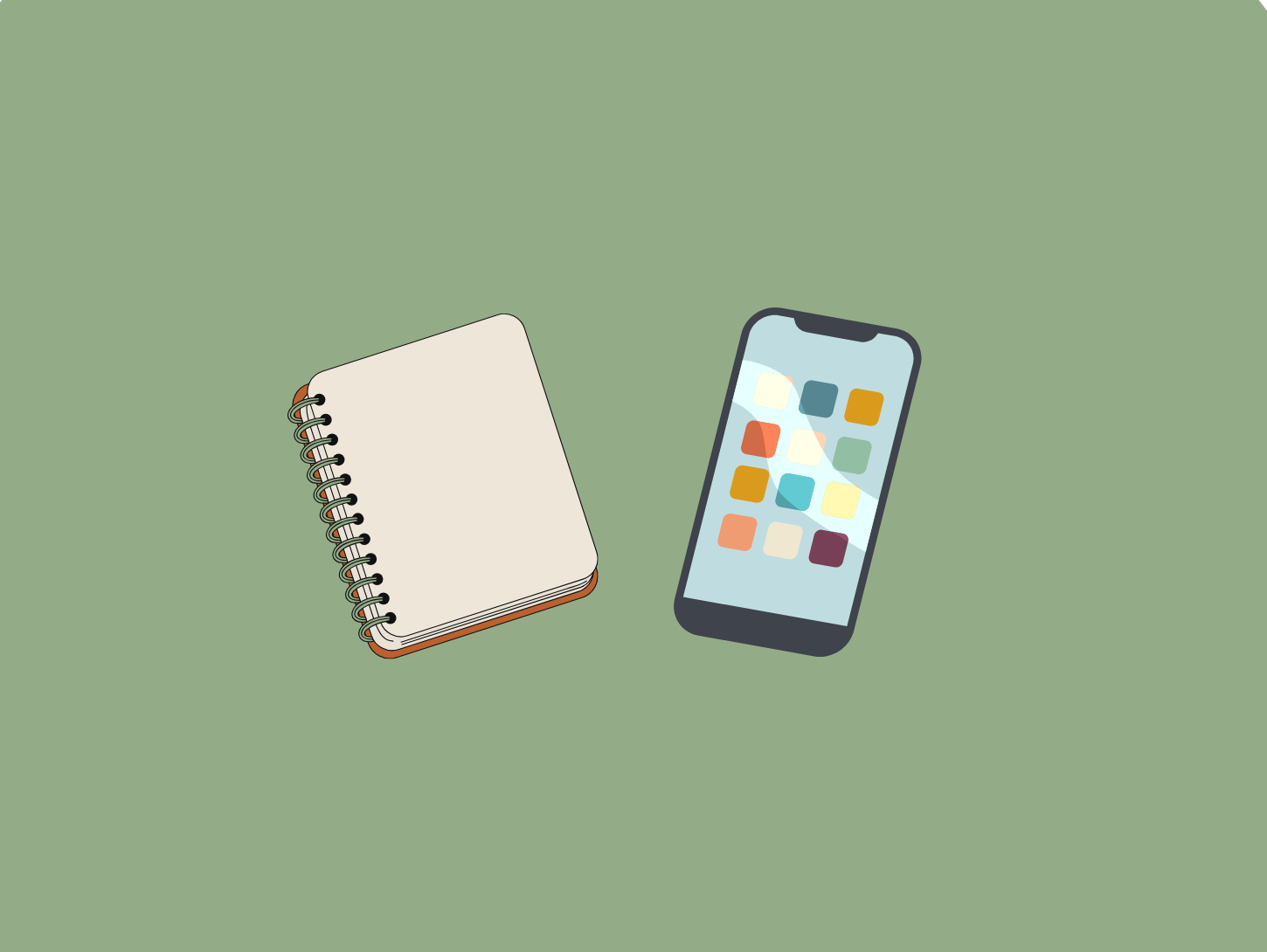 Cartoon sketch of a notebook and a phone with apps